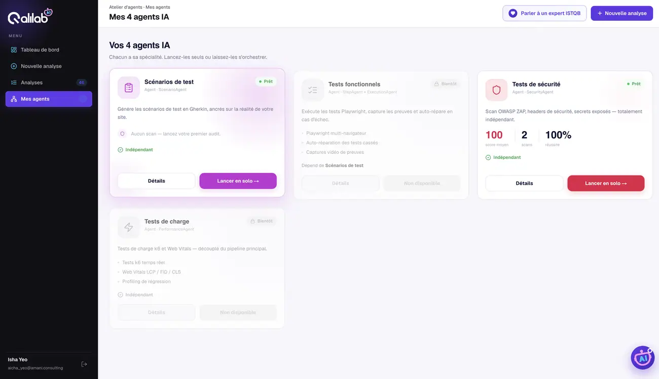Page « Mes agents » — statut et bouton sur chaque carte.