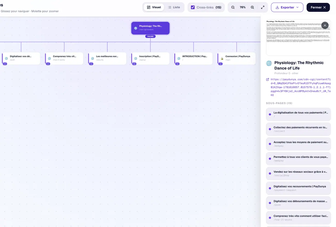 Vue Visuel — carte pyramidale, cross-links (15) activés, panneau de détail à droite.