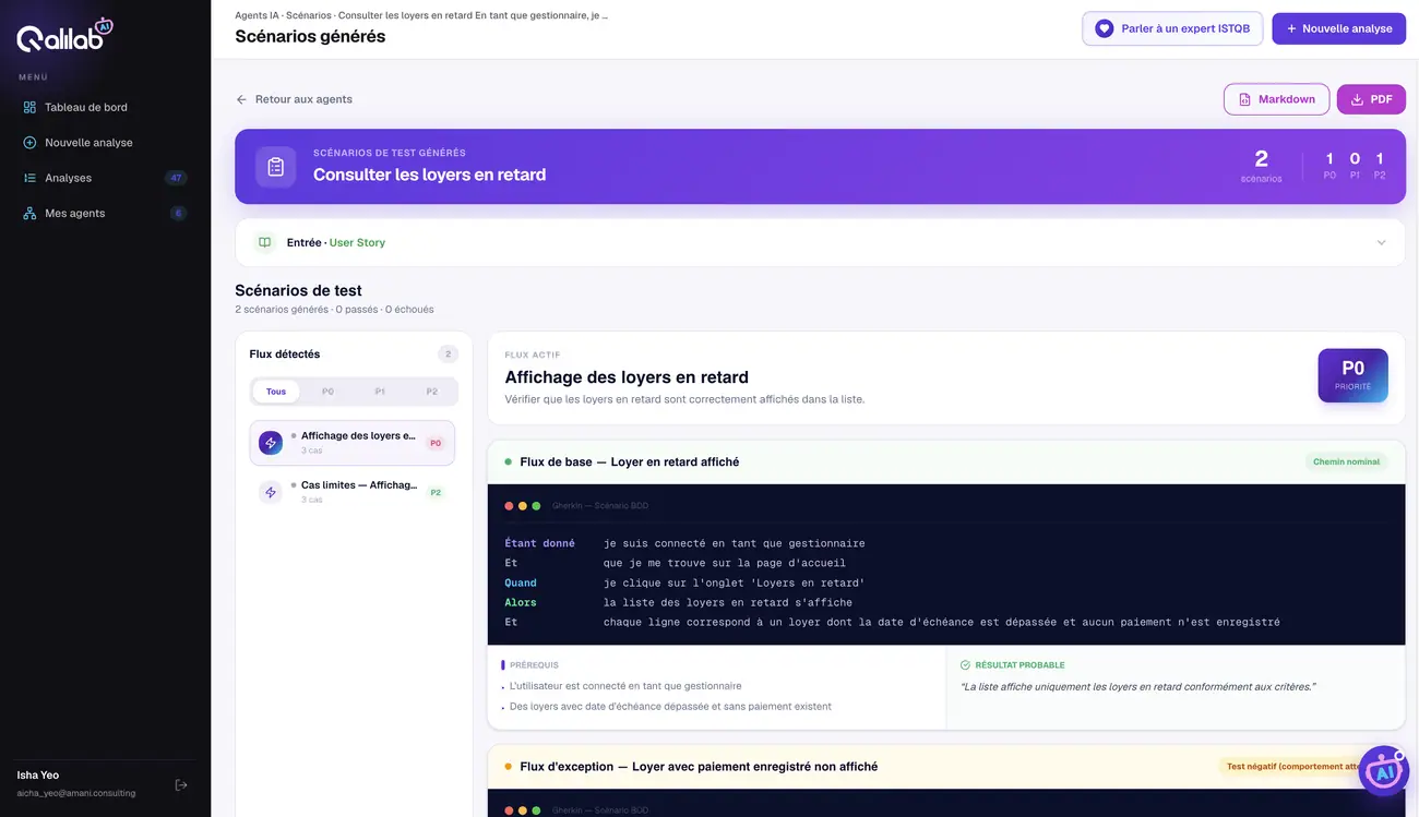 Résultat — scénarios générés, export Markdown ou PDF.