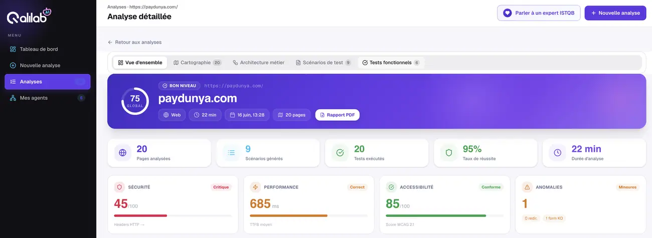 Le haut de la page — score global, compteurs et axes de qualité.