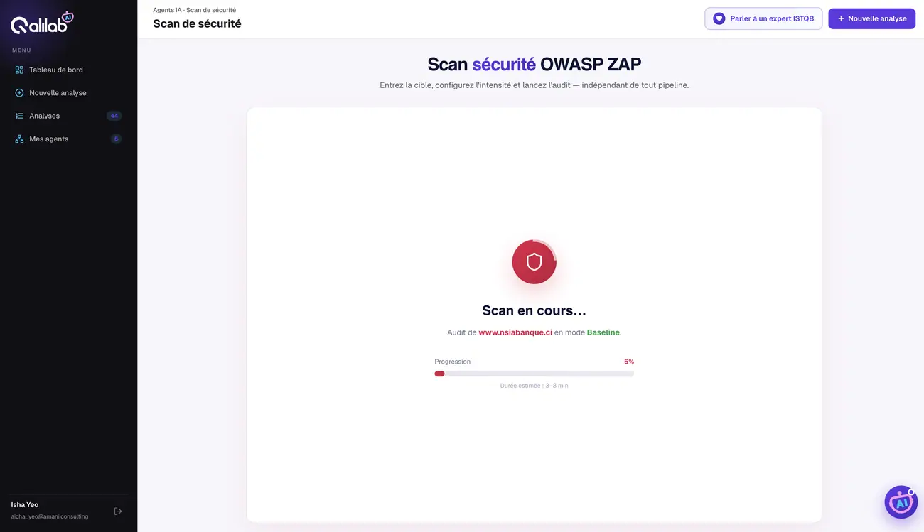 Scan en cours — mode et progression en direct.