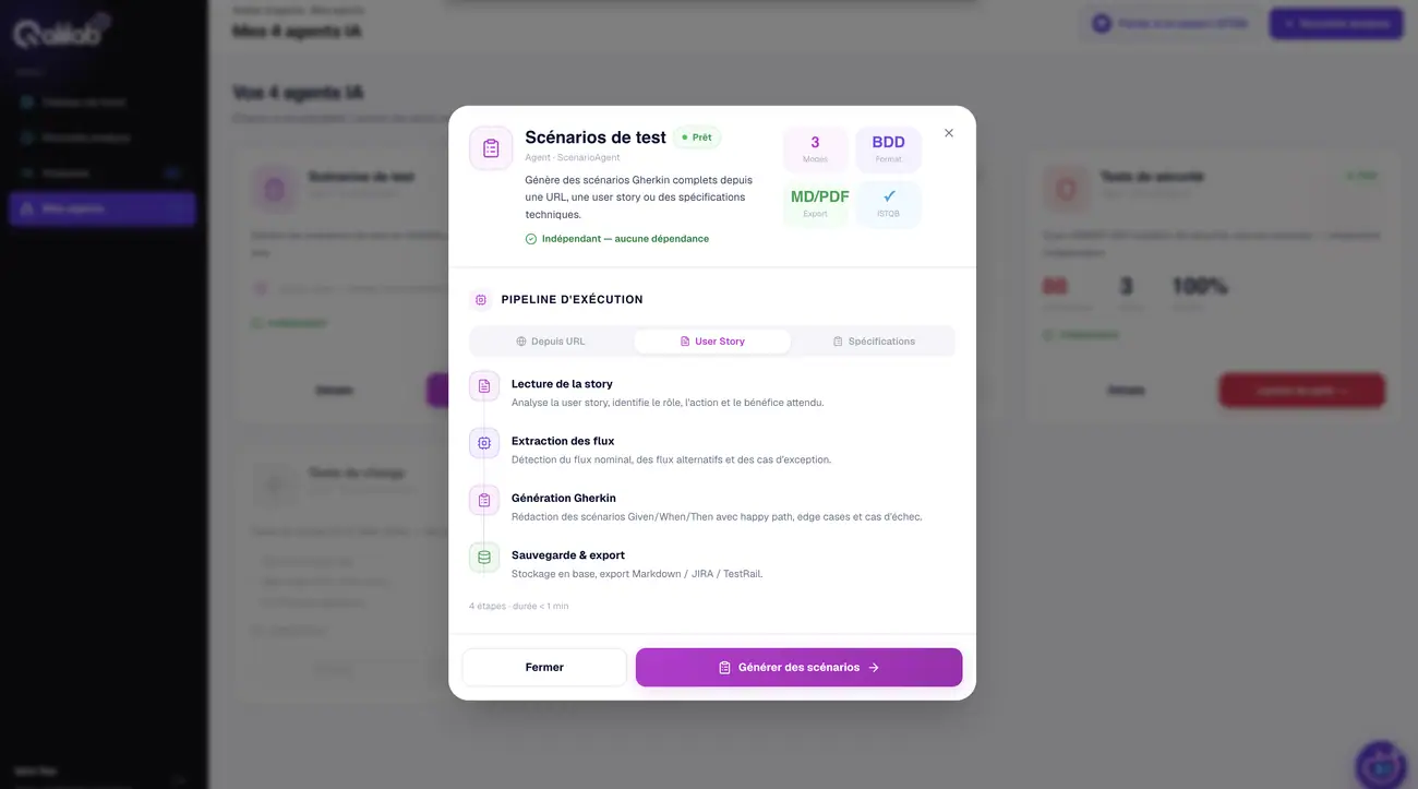 Modale Détails — pipeline d’exécution pour la source User Story.