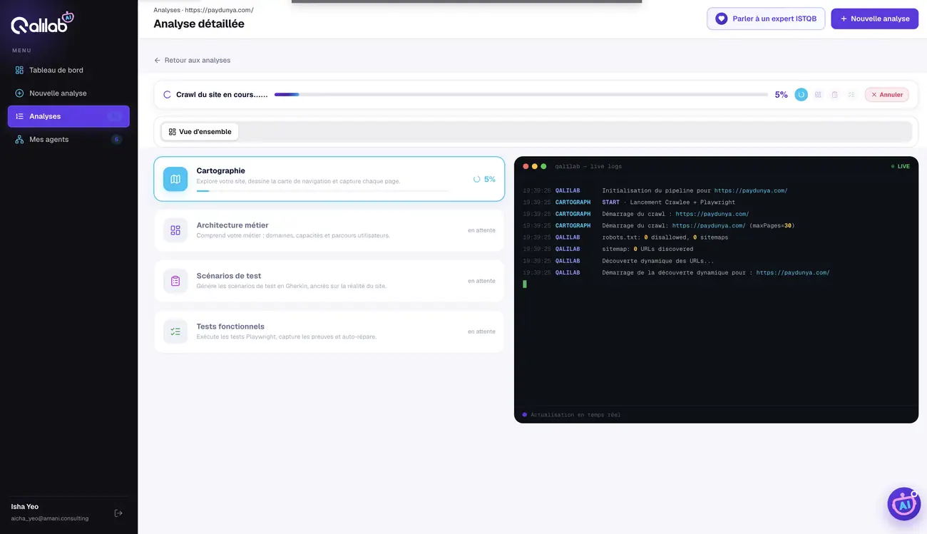 Suivi — progression par agent et console de logs en temps réel.