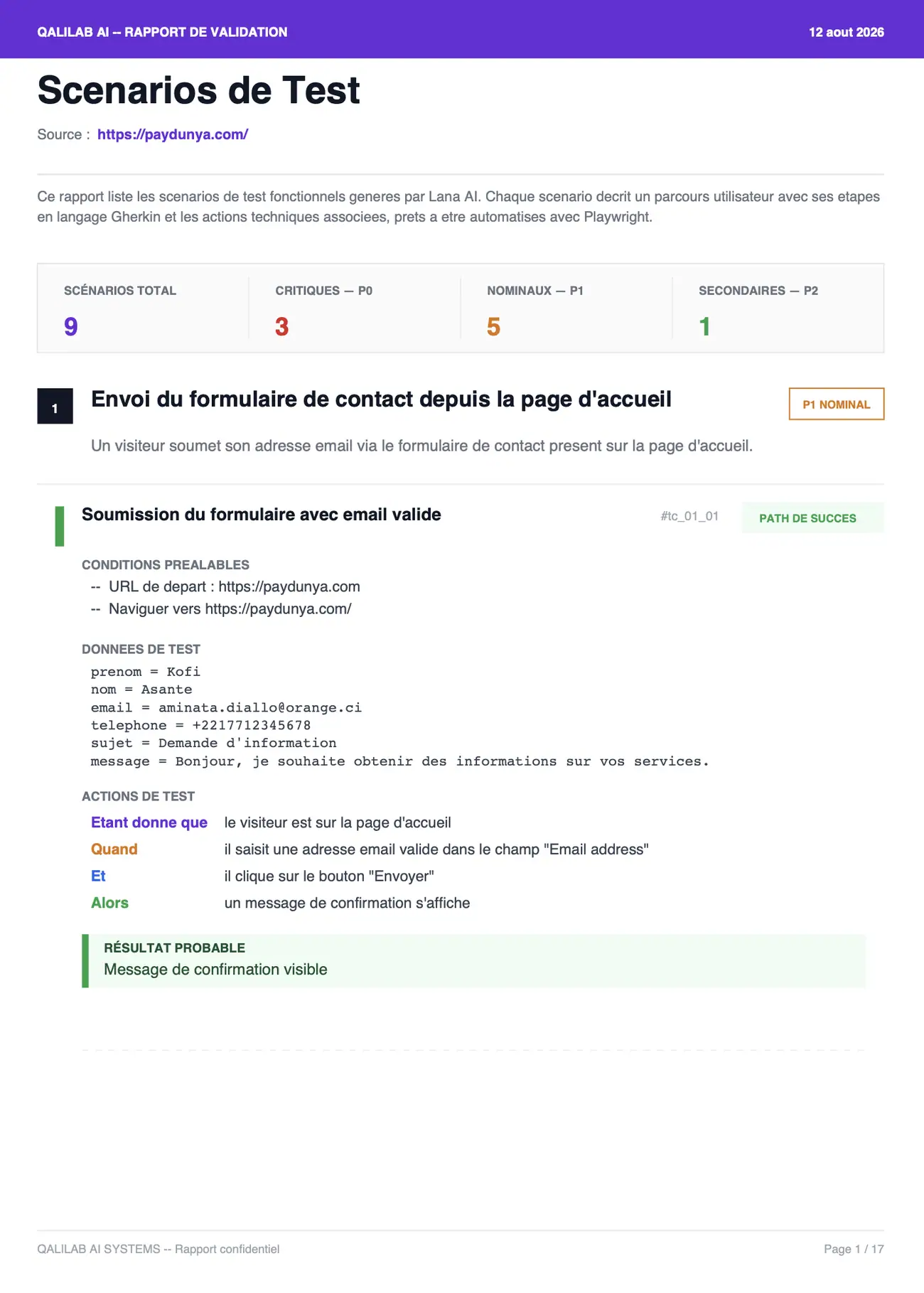 Rapport de scénarios — conditions préalables, données de test et actions.