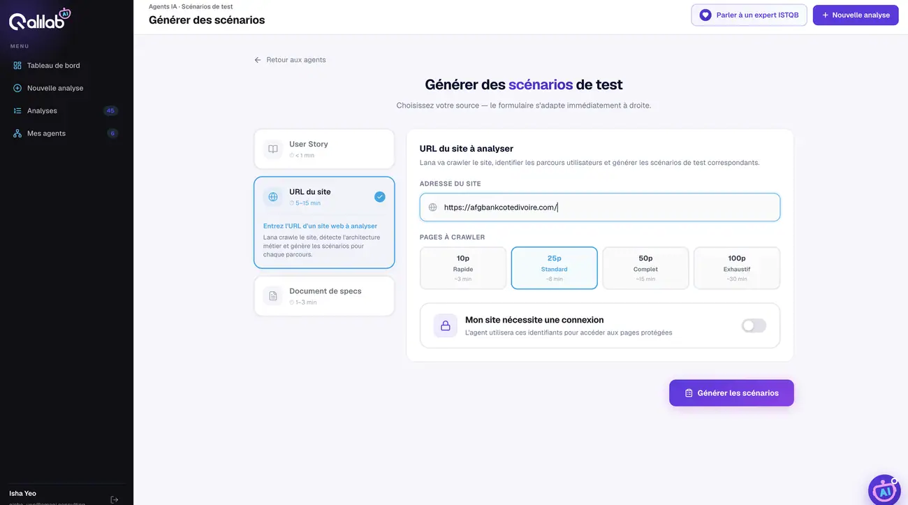 Formulaire URL — adresse, profondeur de crawl et authentification optionnelle.