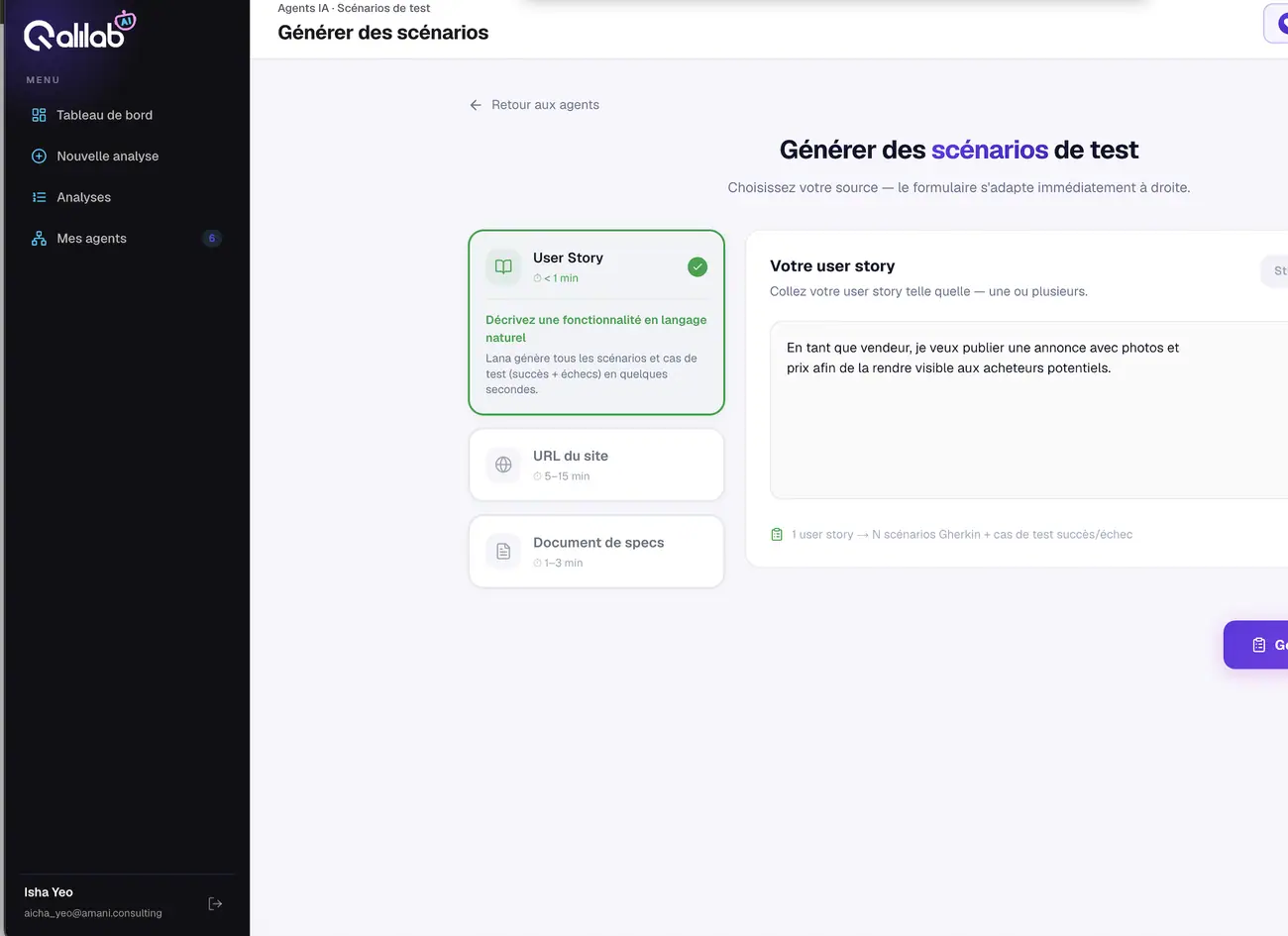 Mode Texte libre — collez la user story directement.