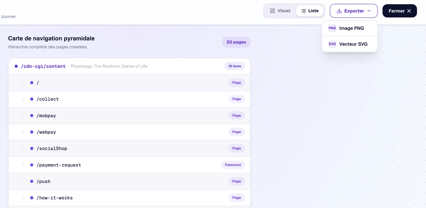 Arborescence, vue Liste et menu Exporter