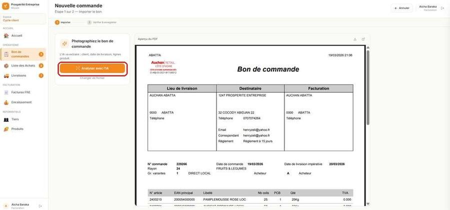 Étape 1 sur 2 — Importer le bon de commande