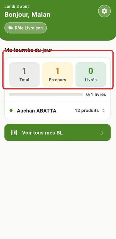 Accueil du livreur, ma tournée du jour