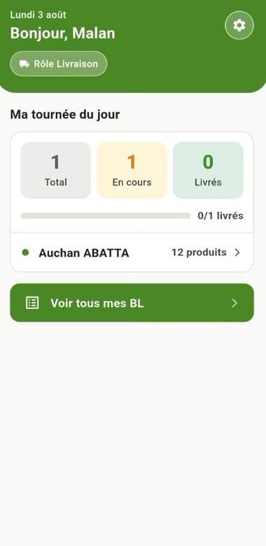 Écran d'accueil mobile du rôle Livreur