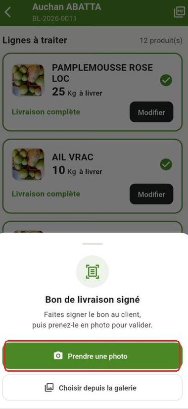 Écran de prise de la preuve de livraison