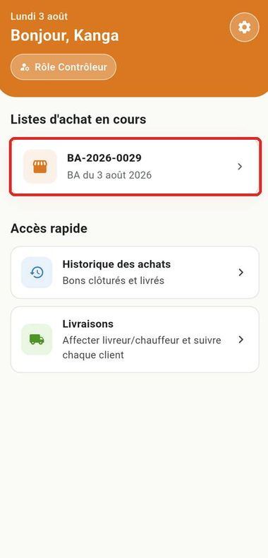 Étape 1 — Accueil du contrôleur, listes d'achat en cours