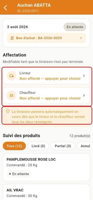Détail du BL, deux affectations à renseigner
