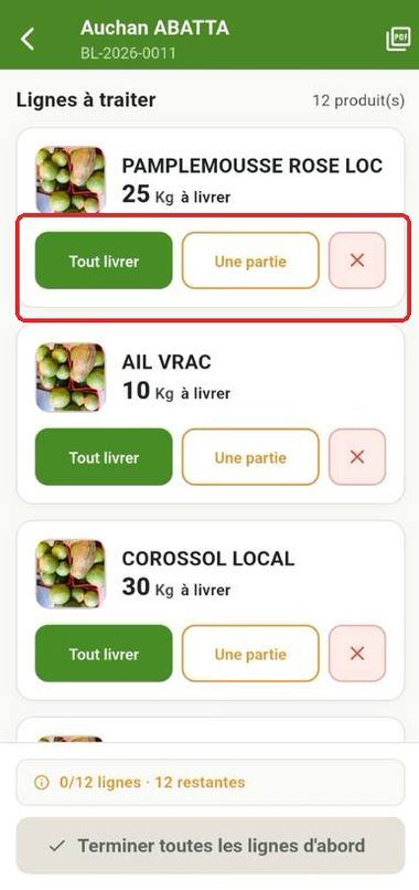 Lignes à traiter du bon de livraison