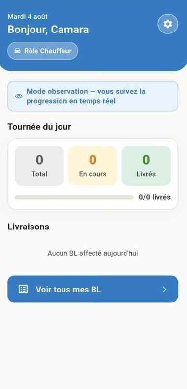Écran d'accueil mobile du rôle Chauffeur