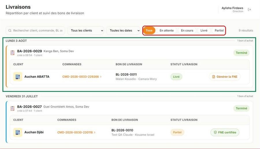 Module Livraisons, liste des bons de livraison