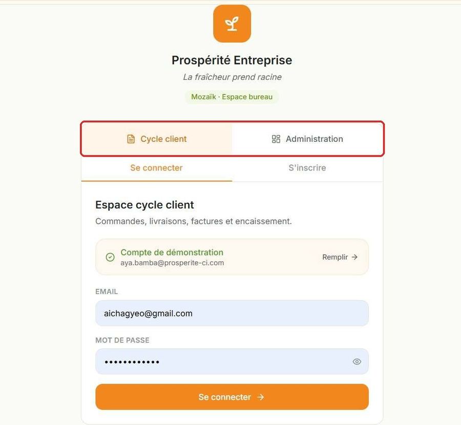 Page de connexion Mozaïk, onglet Cycle client sélectionné