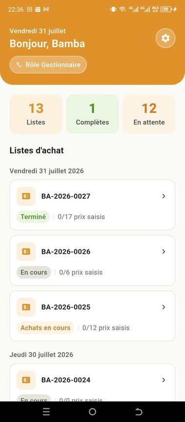 Écran d'accueil mobile du rôle Gestionnaire