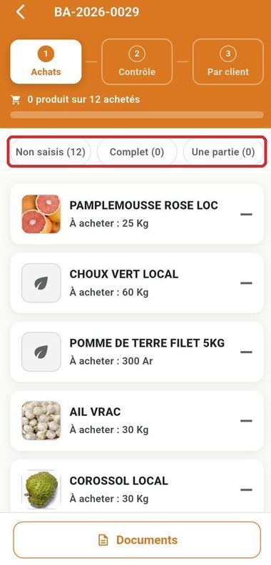 Étape 2 — Onglet Achats, filtres Non saisis / Complet / Une partie