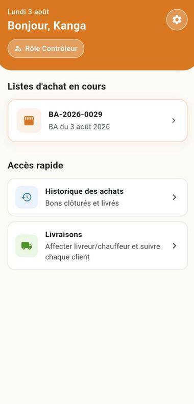 Écran d'accueil mobile du rôle Contrôleur