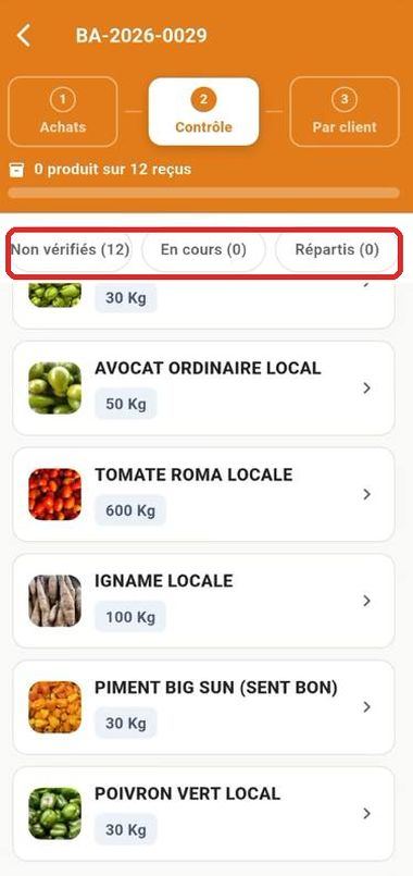 Onglet Contrôle, produits non vérifiés