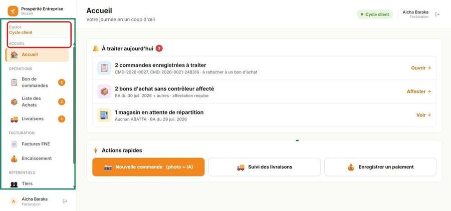Menu latéral d'un compte Cycle client