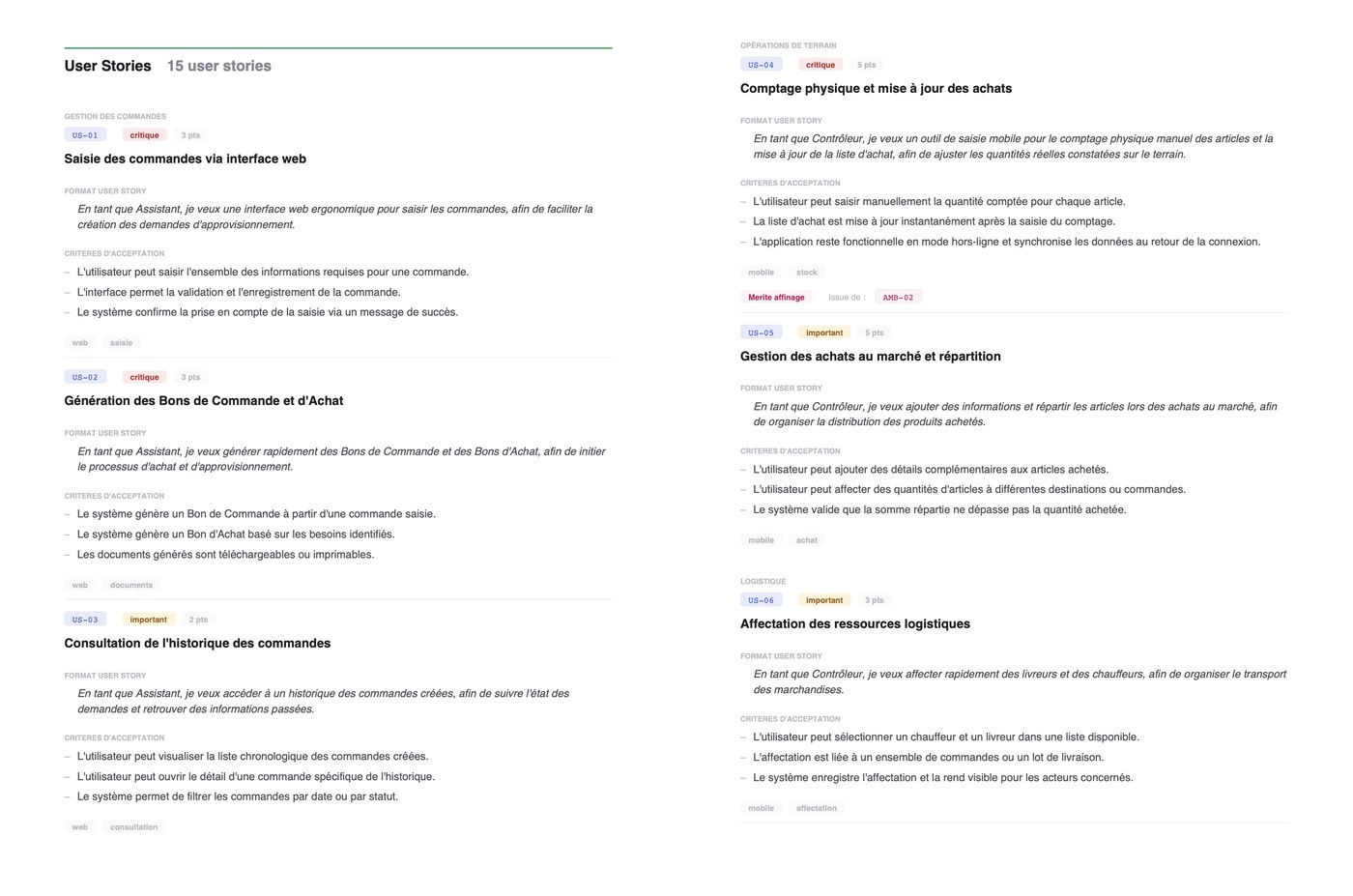 Rapport User Stories exporté, stories groupées par thème