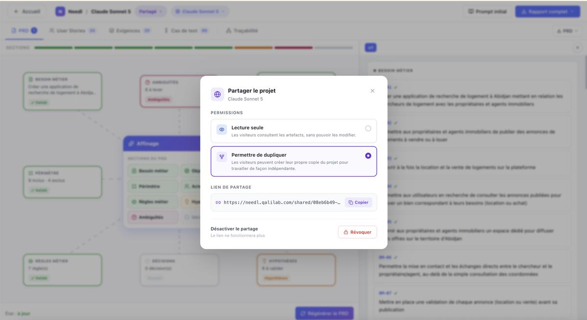 Modale Partager le projet avec les permissions