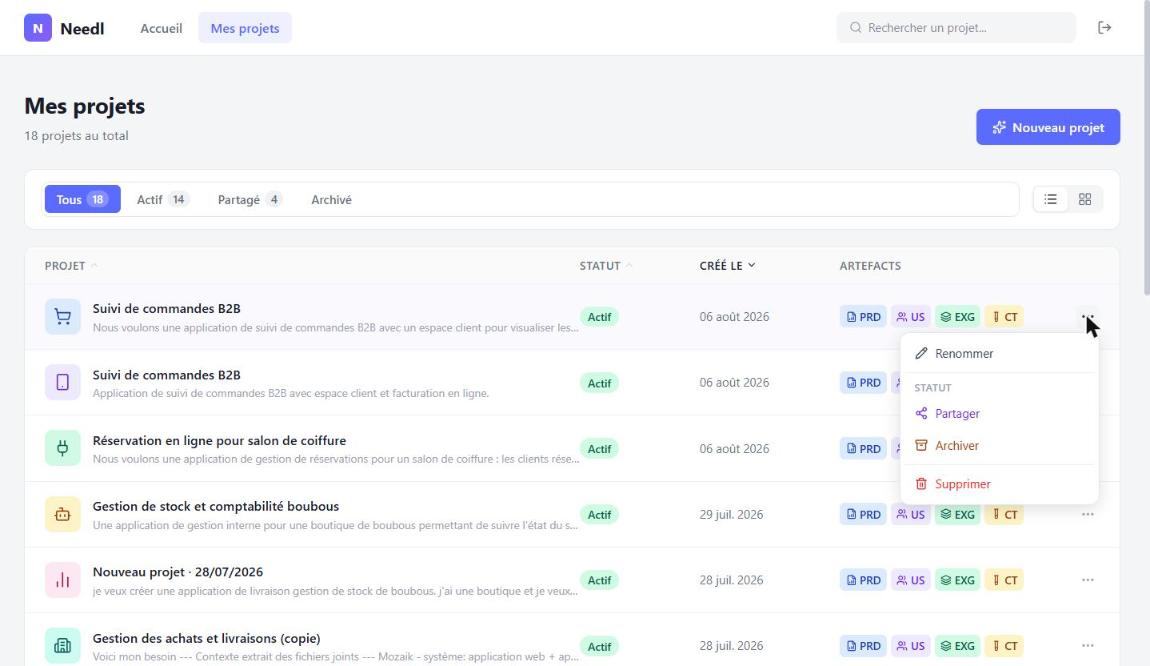 Menu contextuel d'un projet