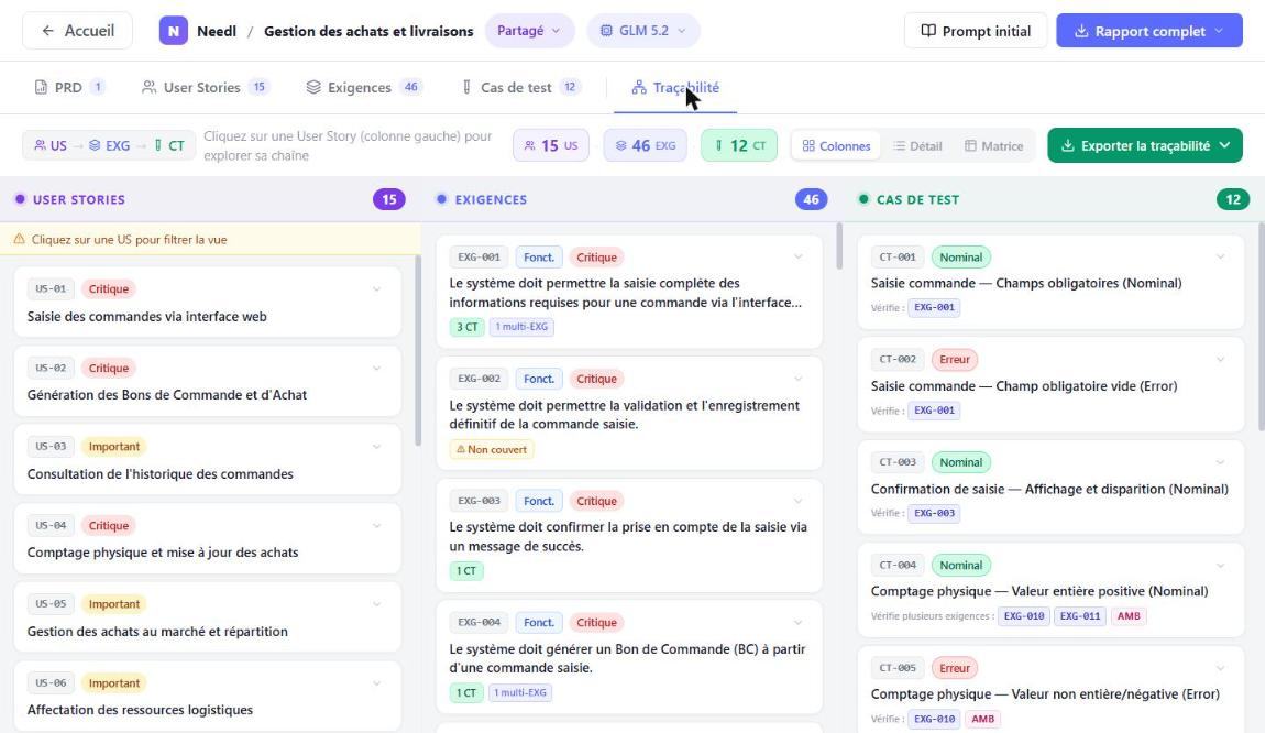 Vue Traçabilité en 3 colonnes