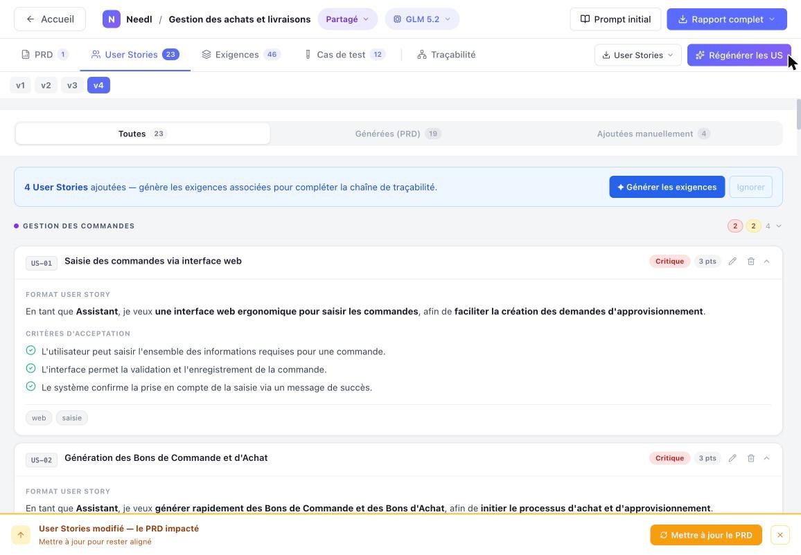 Onglet User Stories en version v4 après régénération