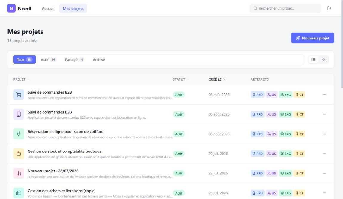 Page Mes projets, vue liste