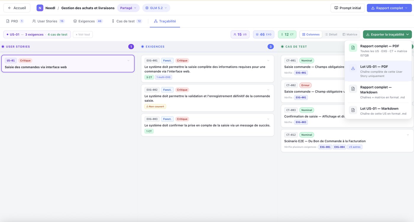 Menu d'export de la traçabilité avec une User Story sélectionnée