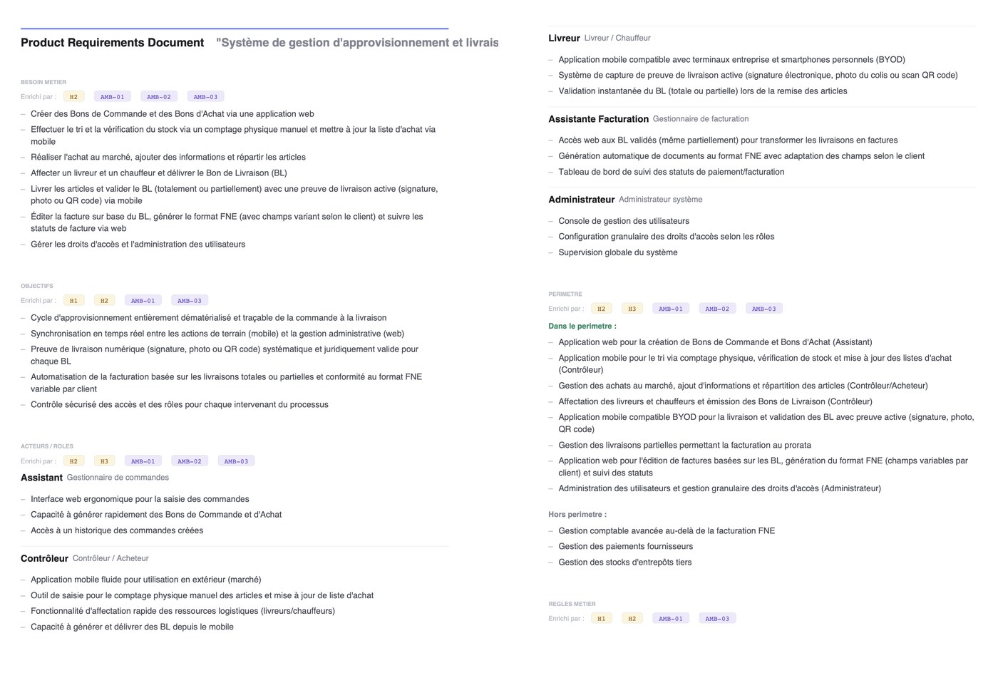 Rapport complet exporté en PDF, section PRD