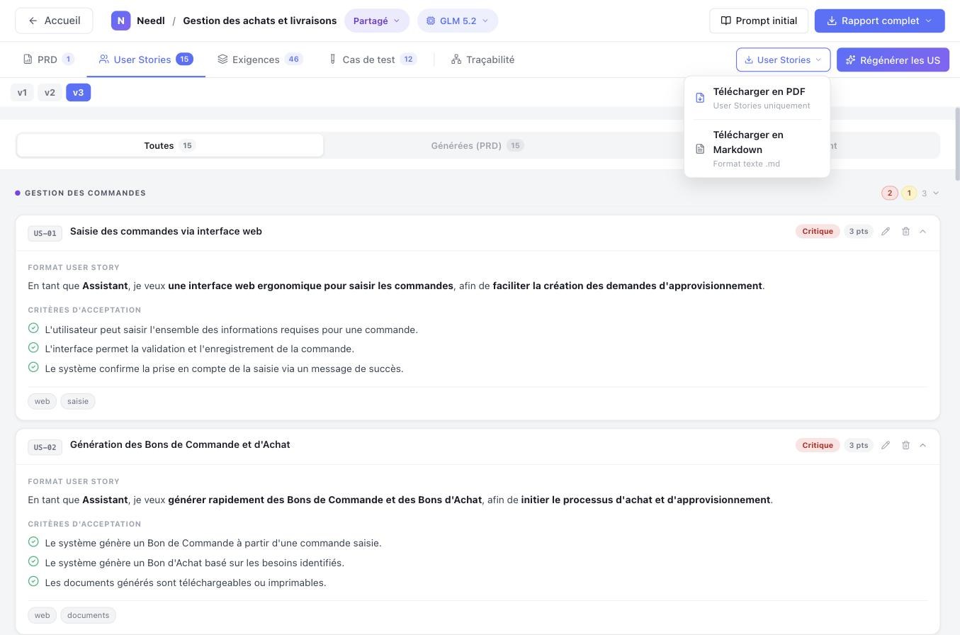 Menu d'export de l'onglet User Stories