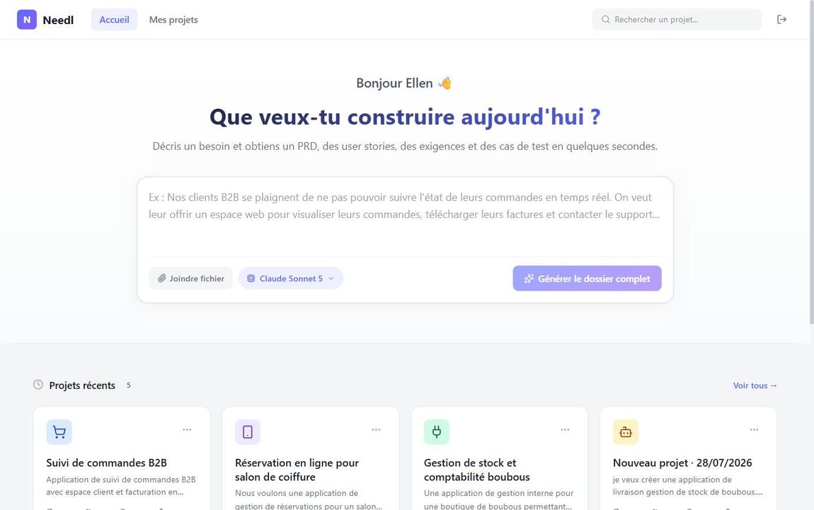 Écran d'accueil de Needl