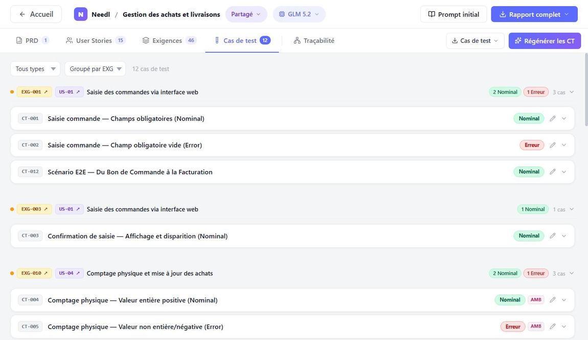 Cas de test groupés par exigence