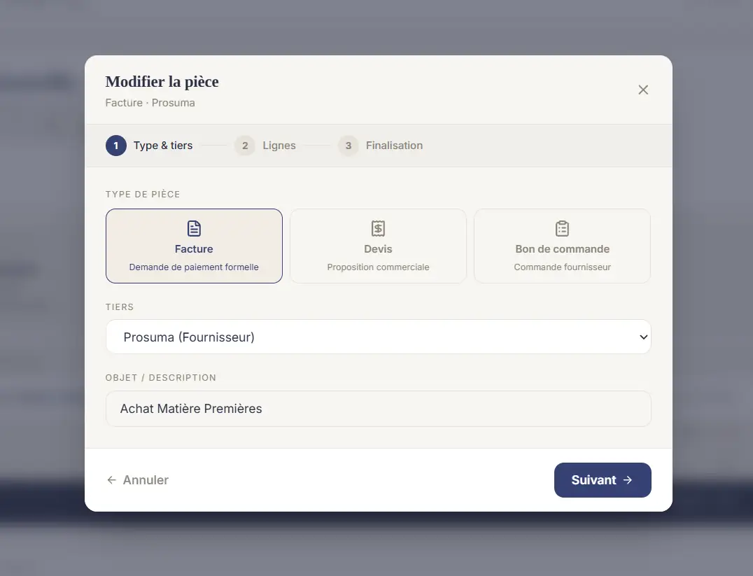Étape 1 — type, tiers et objet modifiables.