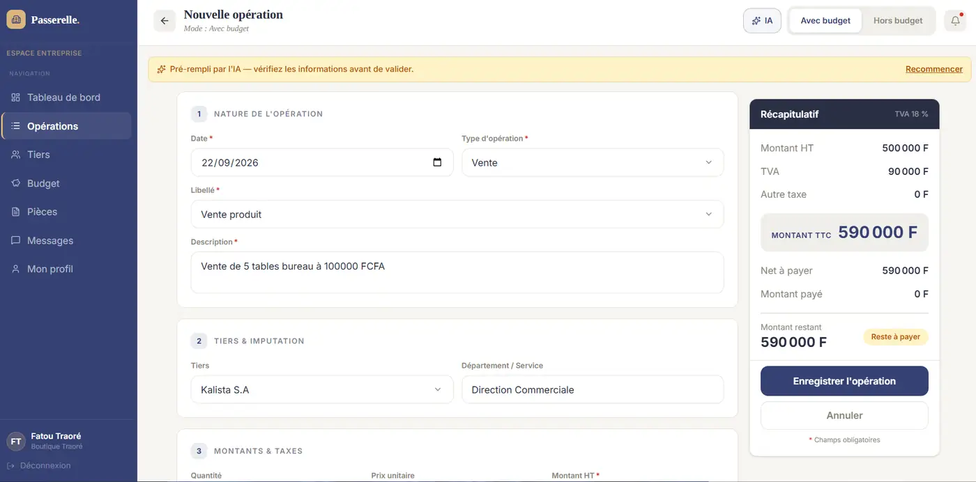 Blocs 1 et 2 pré-remplis : date, type Vente, libellé, description, tiers, service. Récapitulatif à droite.
