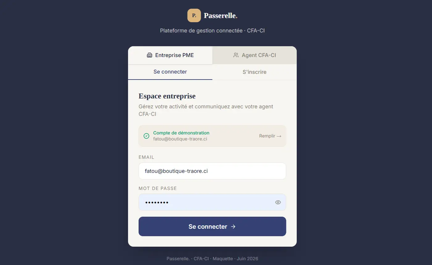 Connexion entreprise — onglet « Entreprise PME », encart « Compte de démonstration » avec le bouton Remplir.