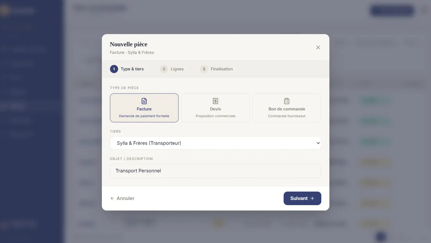 Étape 1 — type Facture, tiers Sylla & Frères, objet « Transport Personnel ».