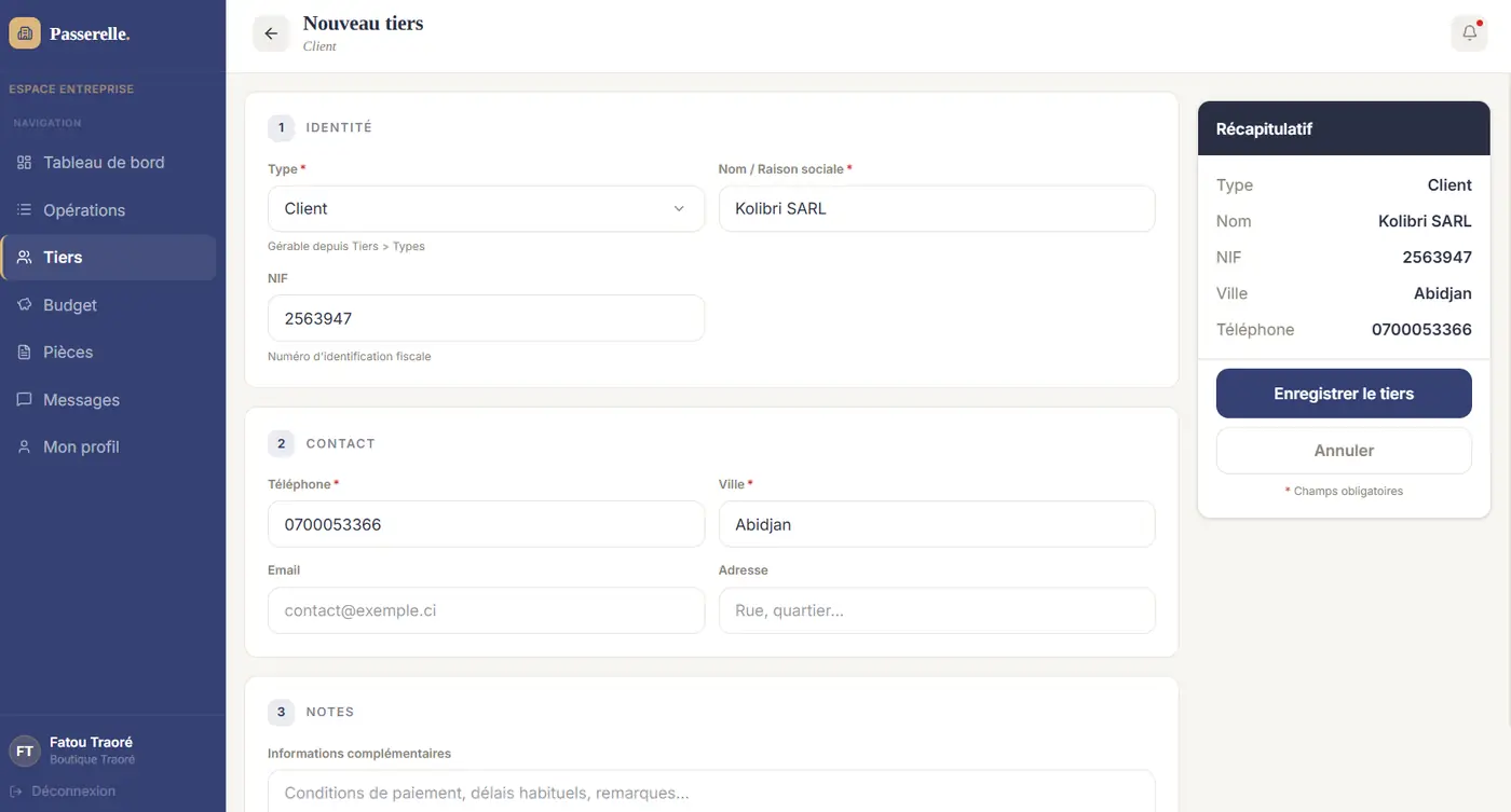 Nouveau tiers « Kolibri SARL », type Client — le récapitulatif se met à jour en direct.