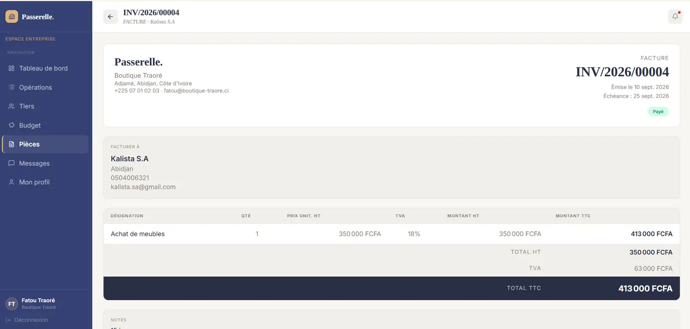 Facture INV/2026/00004 au statut Payé — plus aucune action disponible sur la pièce.