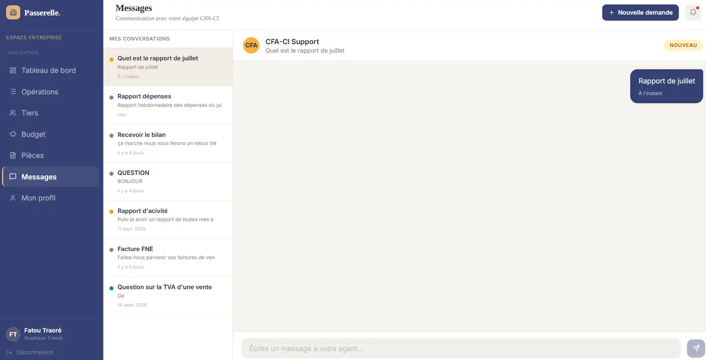 Messages — liste des conversations, badge « Nouveau » tant que l'agent ne l'a pas prise en charge.