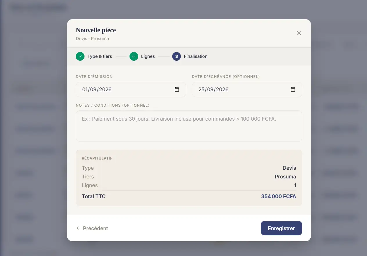 Devis — étape 3, total 354 000 FCFA.
