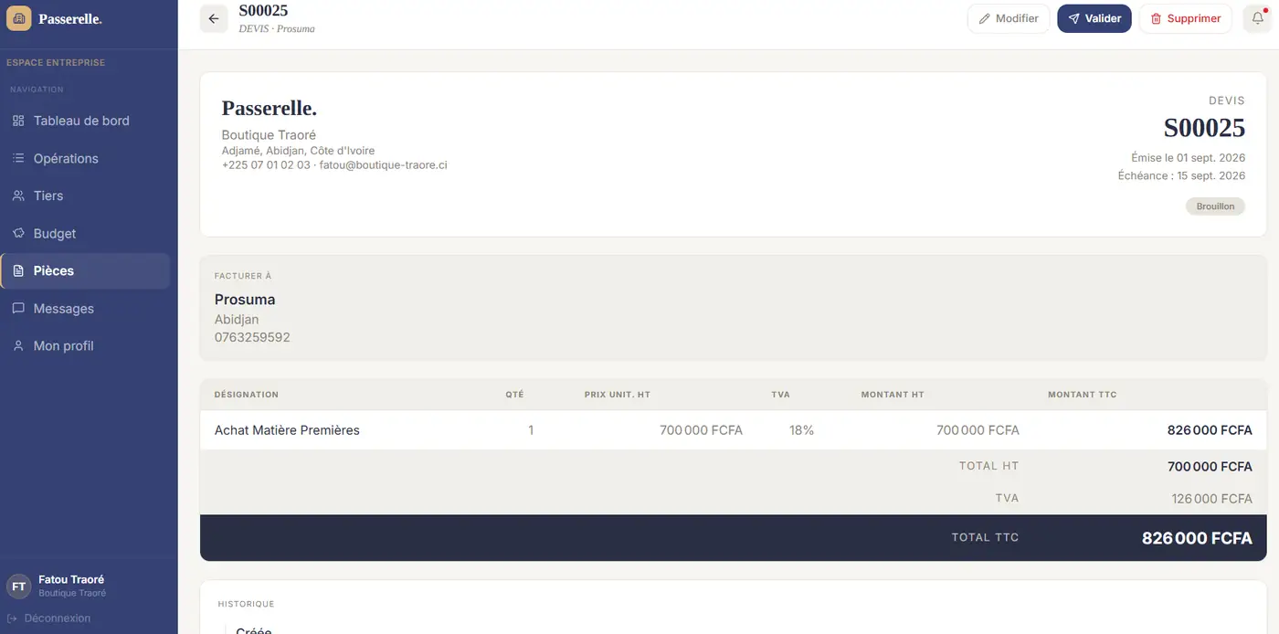 Devis S00025 en Brouillon — 826 000 FCFA TTC.