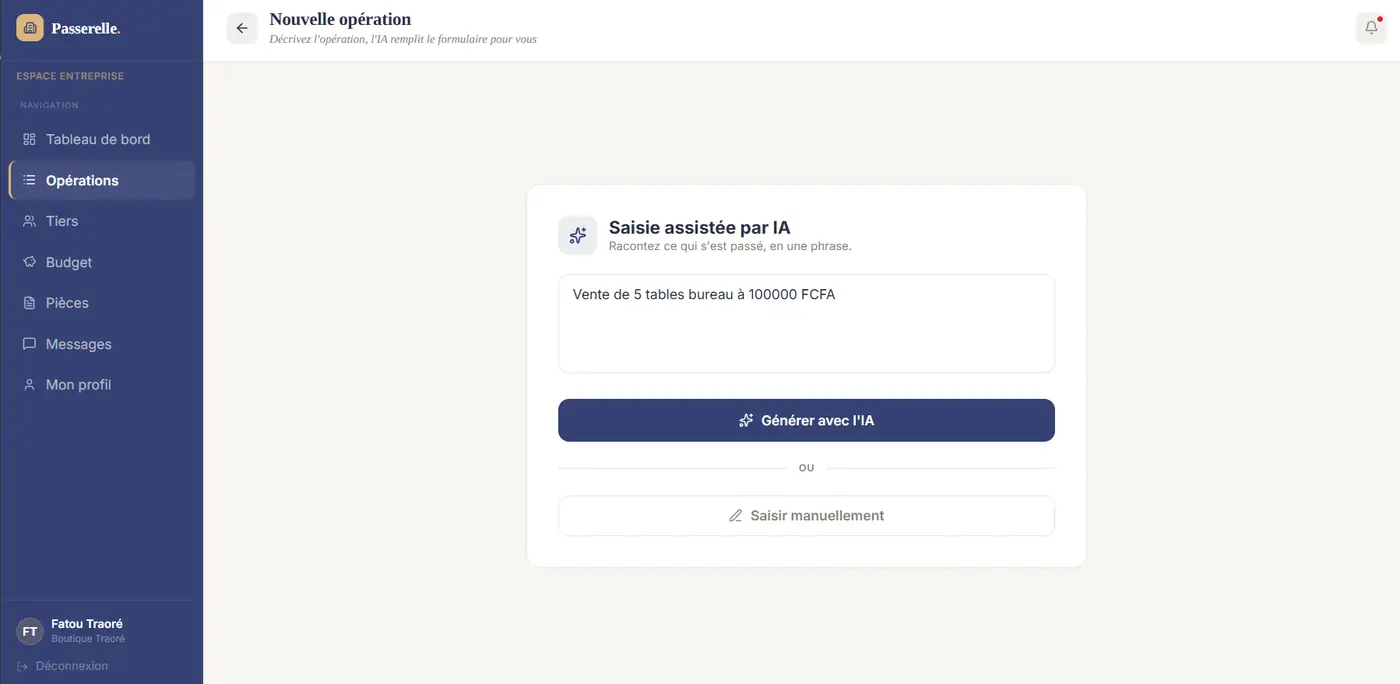 Phrase saisie — le bouton « Générer avec l'IA » devient actif.