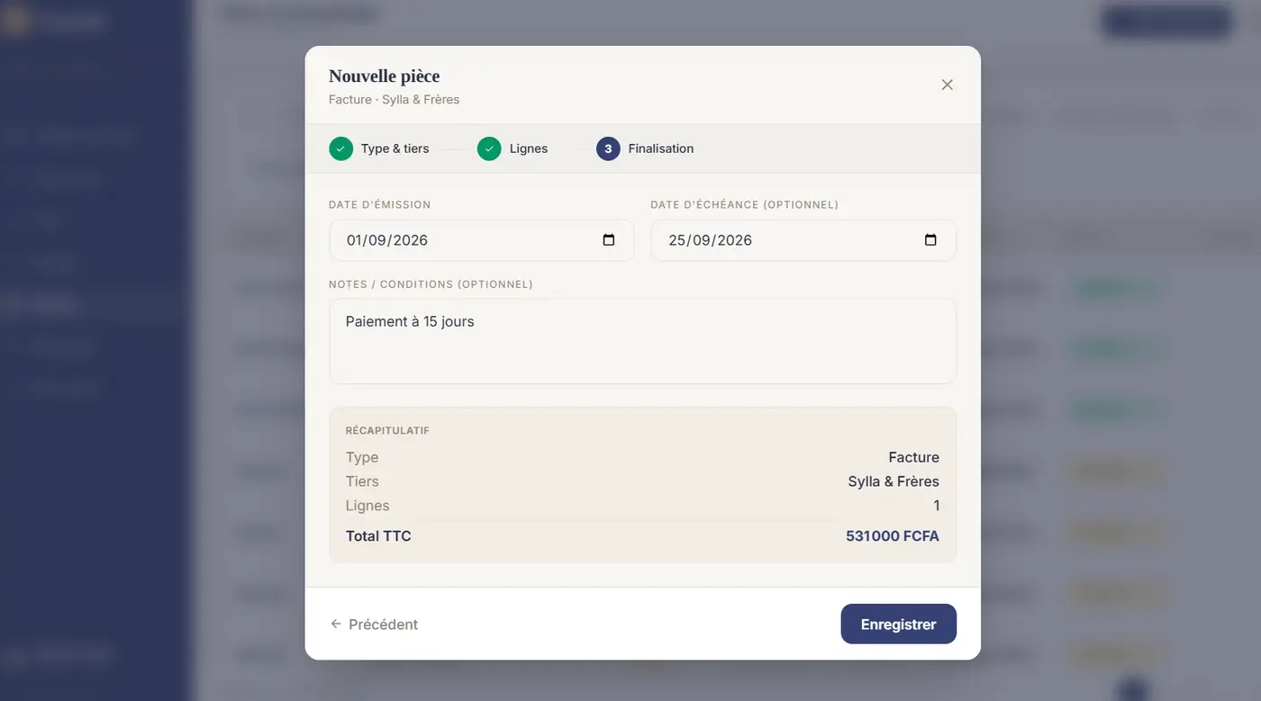 Étape 3 — émission 01/09/2026, échéance 25/09/2026, « Paiement à 15 jours ».