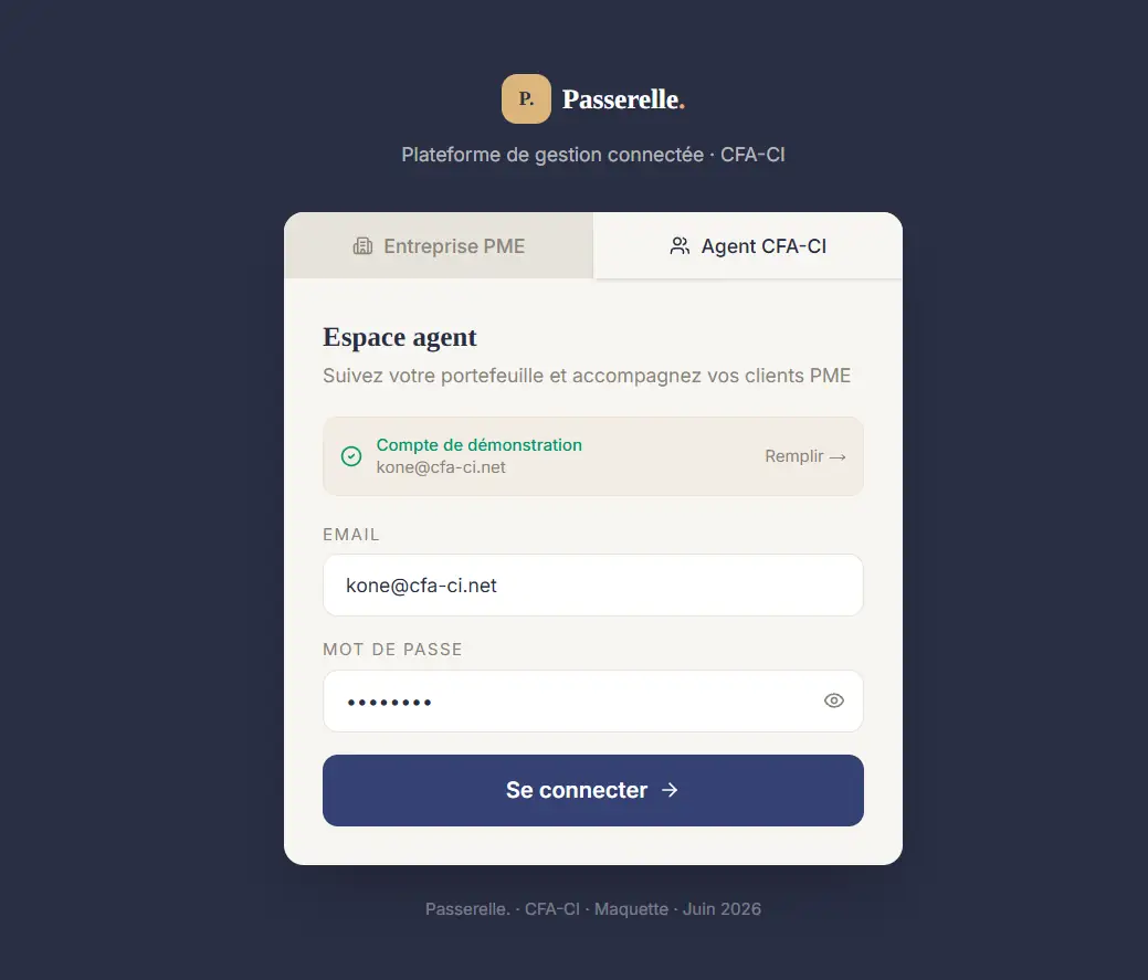 Connexion agent — onglet « Agent CFA-CI ». Pas d'inscription : les comptes agents sont créés en interne.