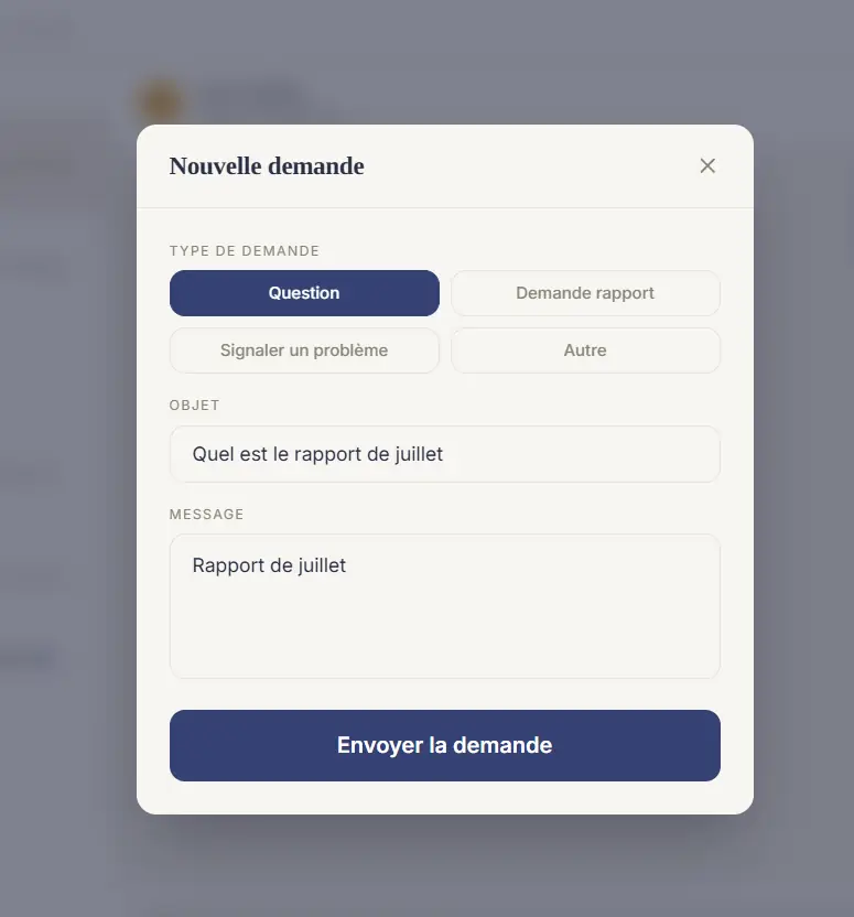 Nouvelle demande — type Question, objet et message.